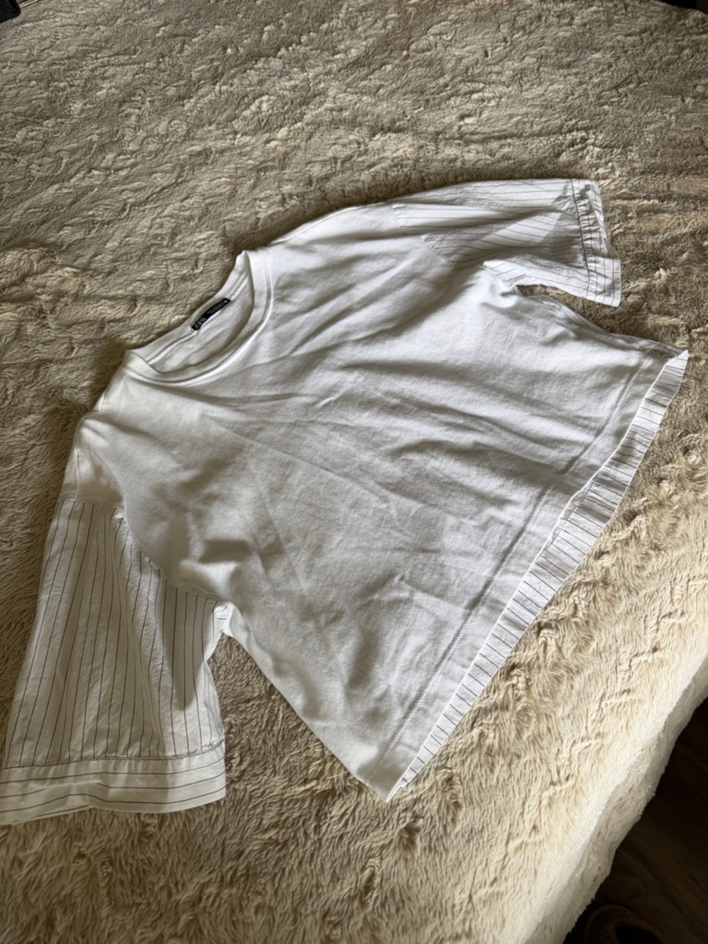 Zara White Mixed-Media Short Sleeve Top with Pinstripe Sleeves